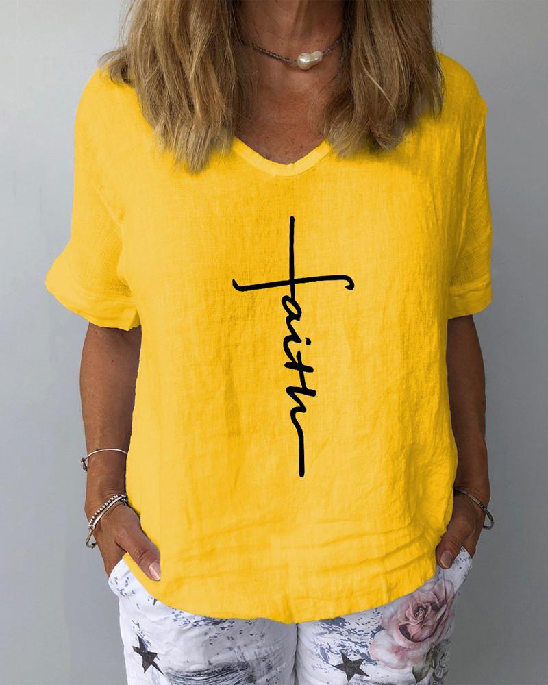 

Letter Print Short Sleeve Casual T-shirt, Yellow