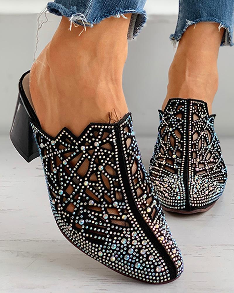 

Studded Cutout Close Toe Chunky Heels, Black