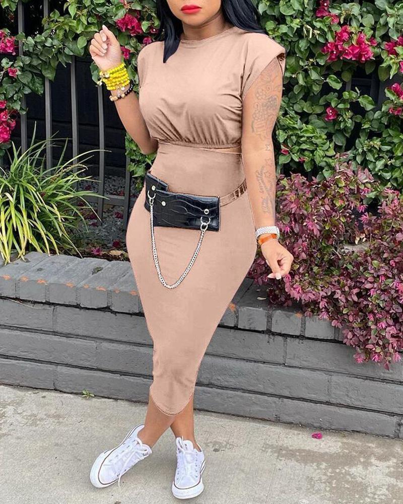 

Shoulder Pad Crop Top & Skirt Set, Khaki