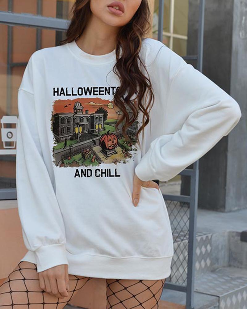 

Halloween Halloweentown And Chill Graphic Print Crew Neck Sweatshirt, White