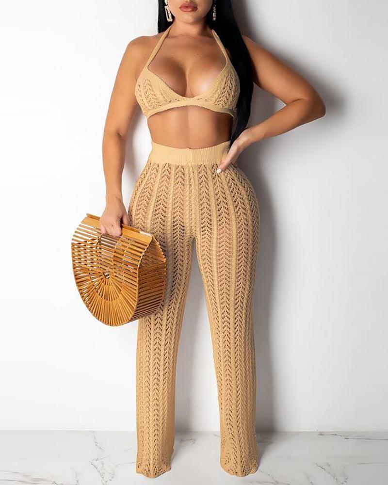 

Hollow Out Halter Crop Top & High Waist Pants Set, Khaki