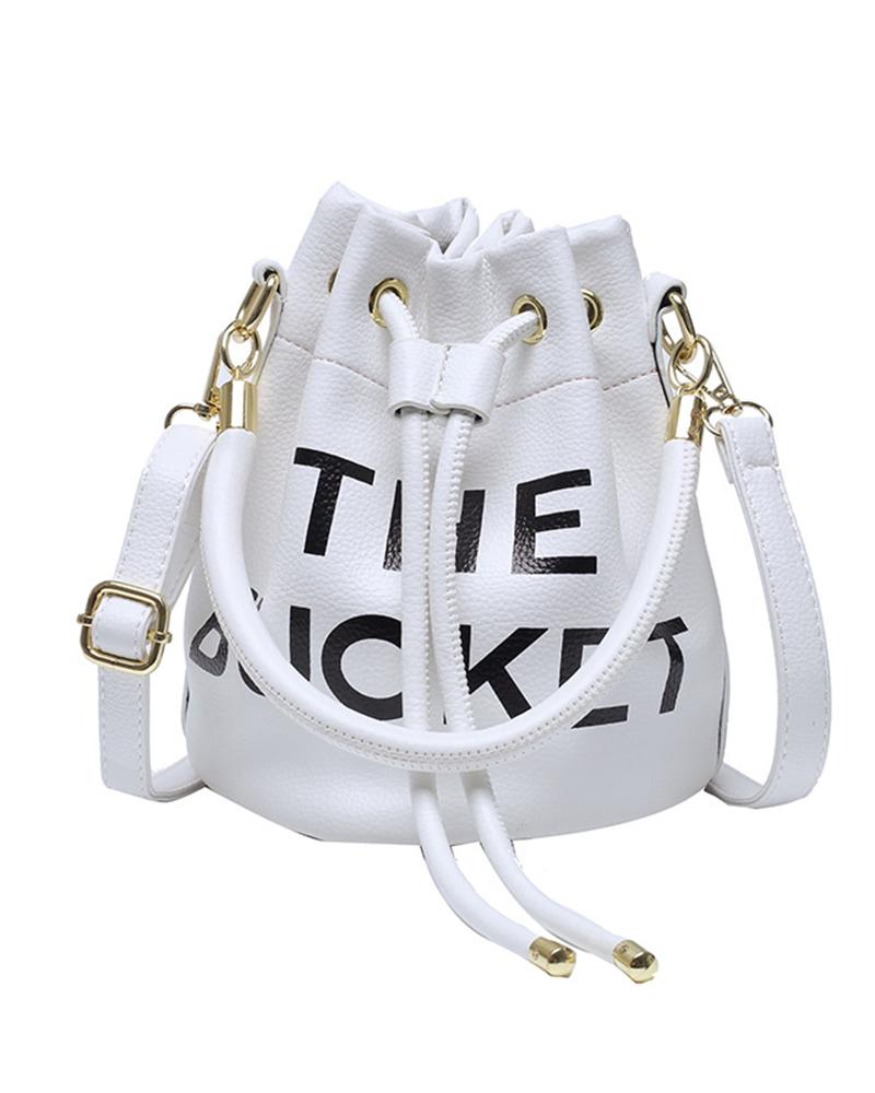 

Letter Pattern Drawstring Bucket Bag, White