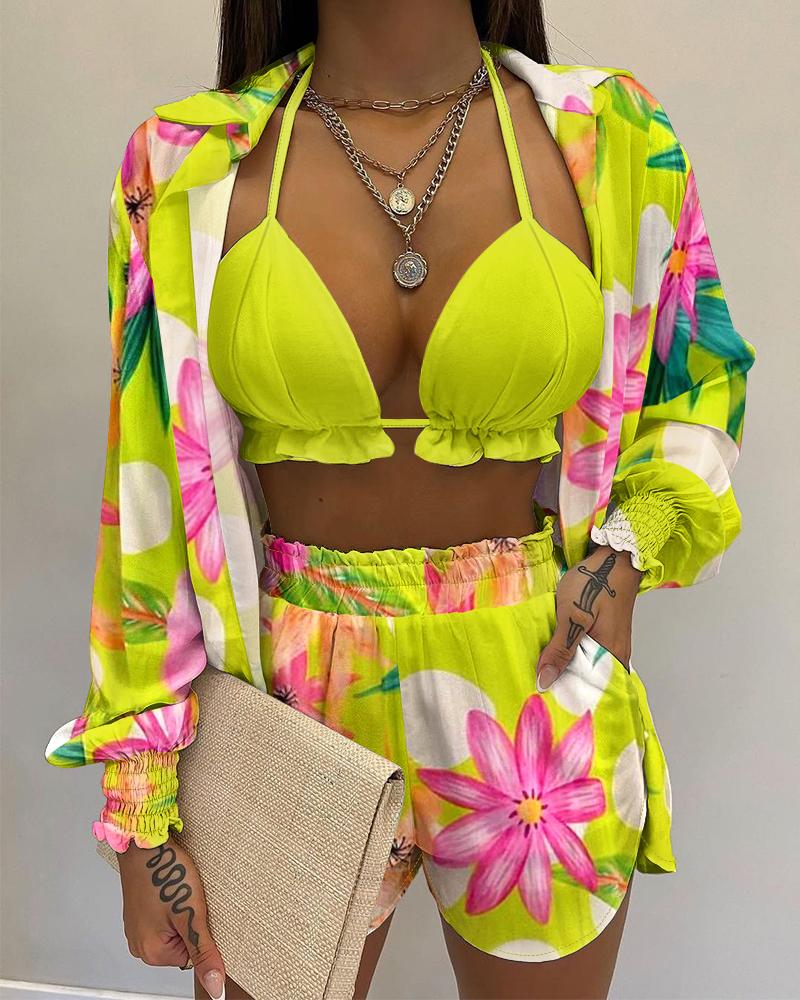 

3PCS Lantern Sleeve Shirt & Floral Print Shorts Set With Crop Top, Green