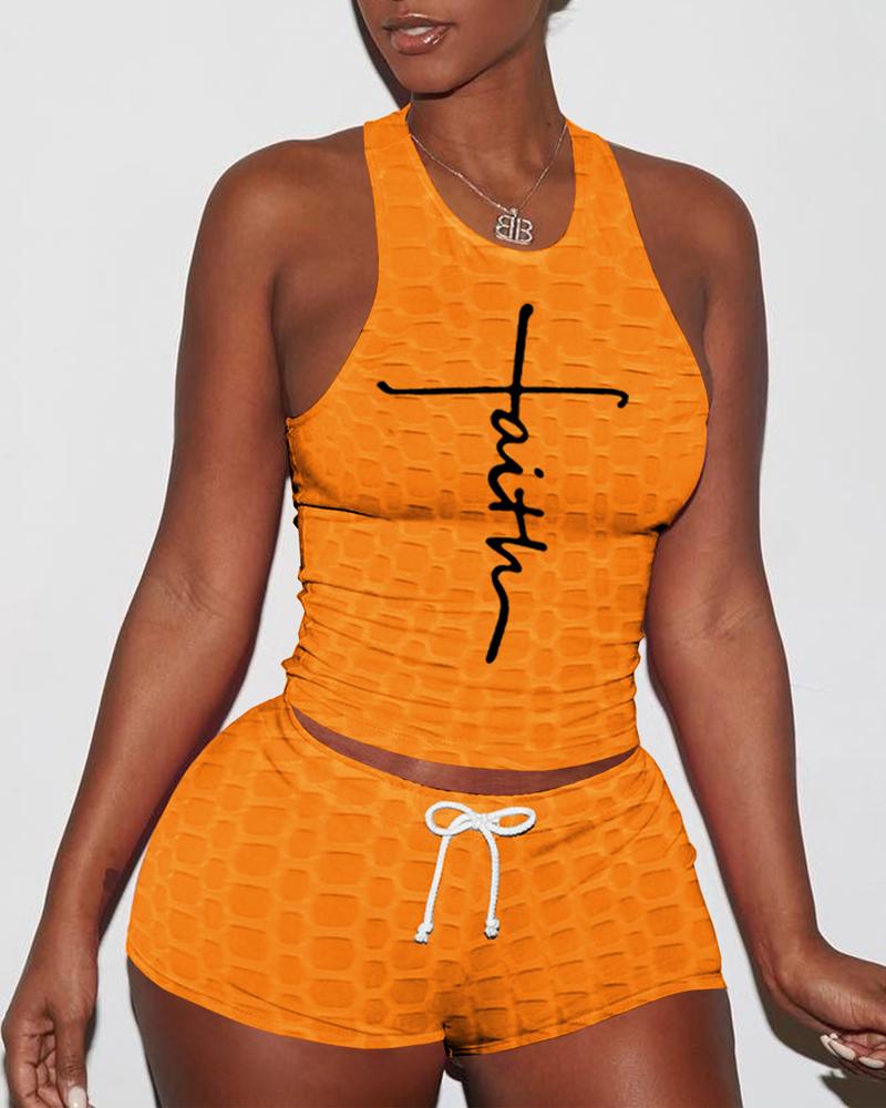 

Letter Print Textured Drawstring Active Set, Orange