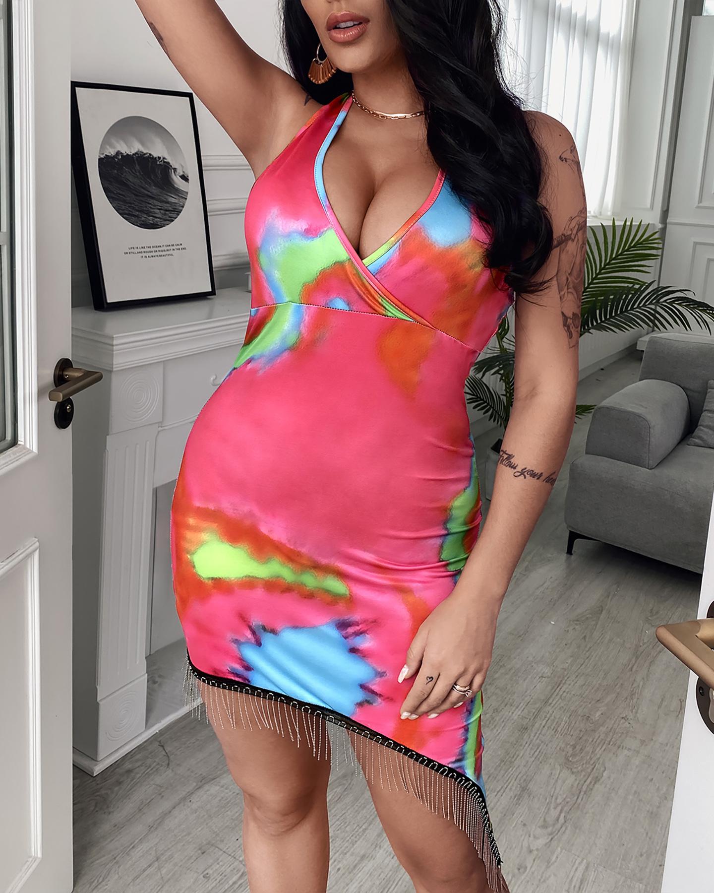 

Halter Backless Tie Dye Print Bodycon Dress, Multicolor