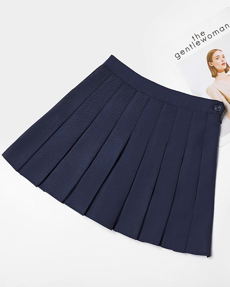 

Buttoned High Waist Pleated Skirt, Blue
