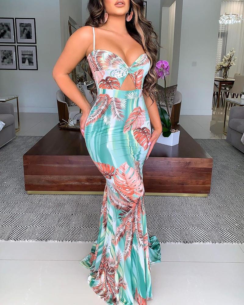 

Leaf Print Cutout Front Ruched Maxi Dress, Green