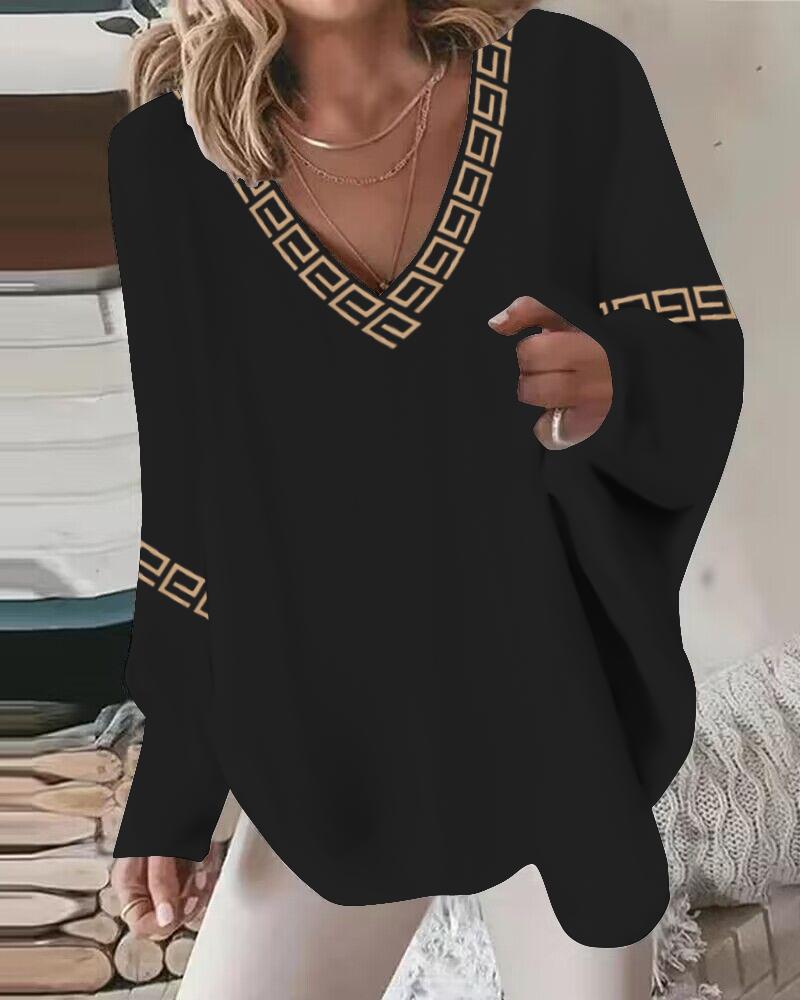 

Geo Tape Patch V-Neck Casual Top, Black