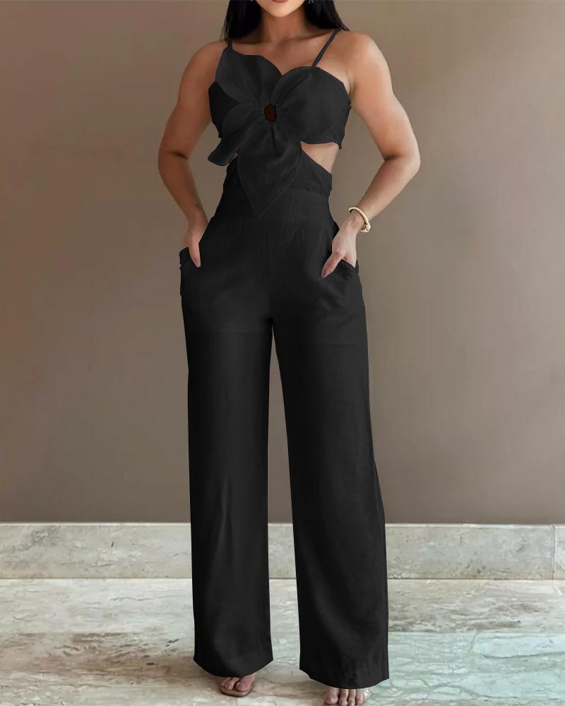 

Floral Pattern Hollow Out Pocket Design Jumpsuit, Black