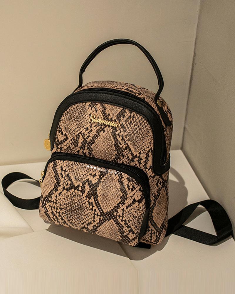 

Snakeskin Cow Print Zipper Design Backpack Trendy School Bag, Pink
