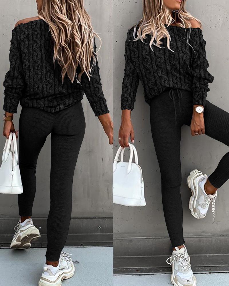 

Braid Textured Fluffy Long Sleeve Top & Pants Set, Black