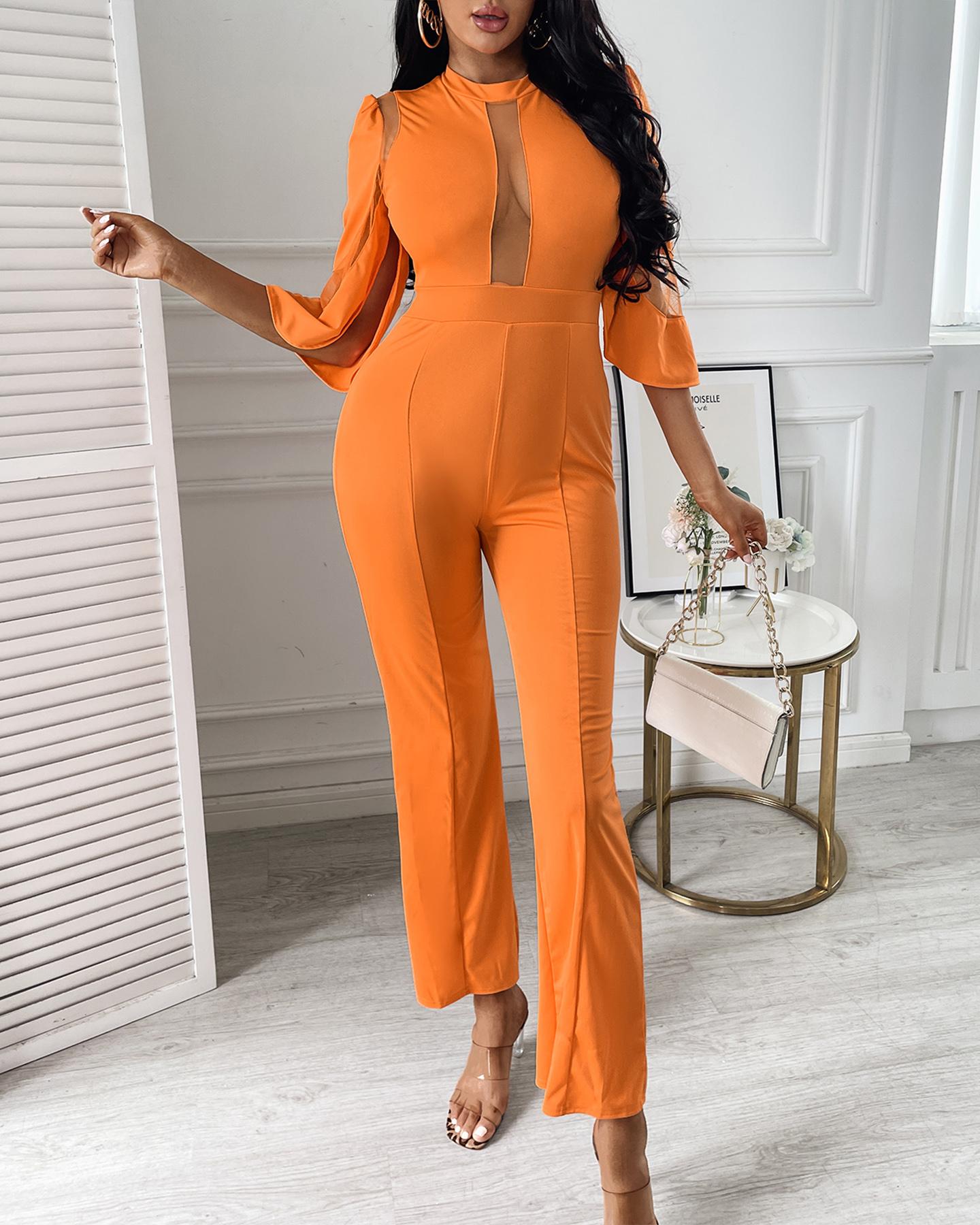 

Plus Size Contrast Mesh Zip Back Jumpsuit, Orange