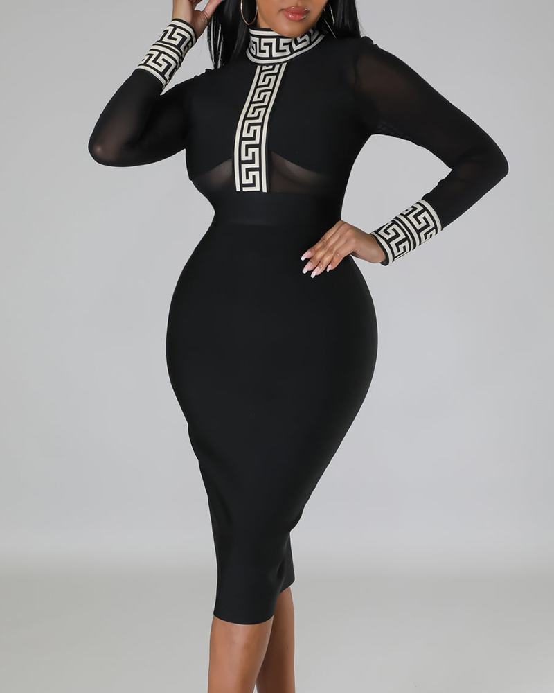 

Geo Tape Patch Long Sleeve Party Dress, Black