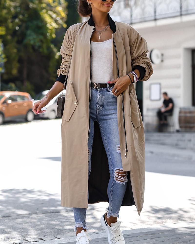 

Contrast Paneled Zip Up Longline Trench Coat, Khaki