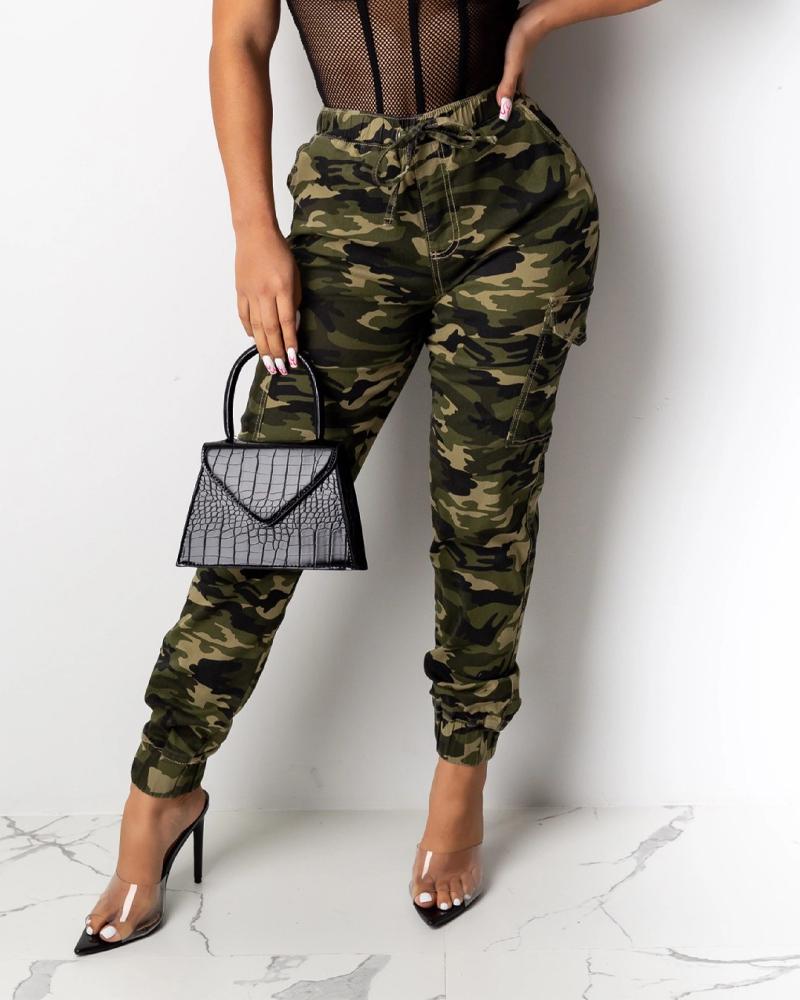 

Camouflage Print Pocket Design Cuffed Cargo Pants, Green