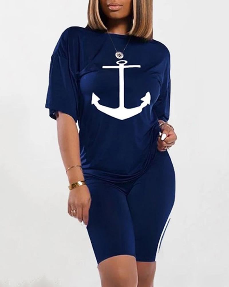 

Anchor Print Short Sleeve Top & Contrast Binding Shorts Set, Purplish blue