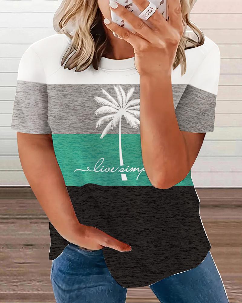 

Plus Size Coconut Tree Print Striped Colorblock T-Shirt, Multicolor