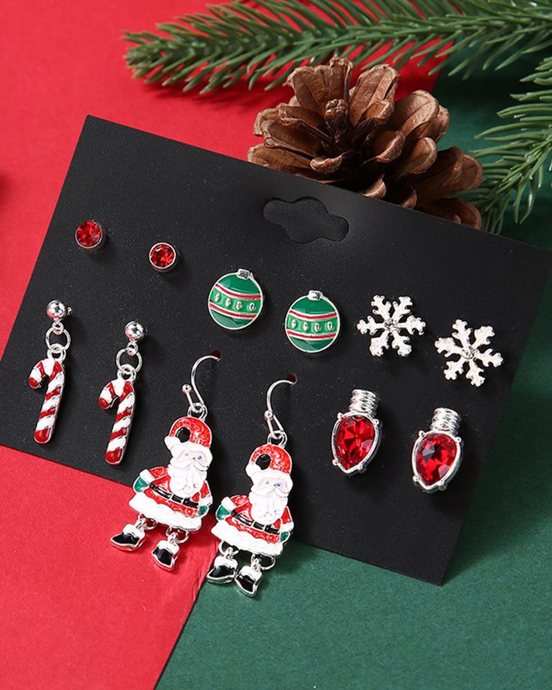 

6Pairs Candy Cane Snowflake Jingle Bell Santa Earrings Set, Red
