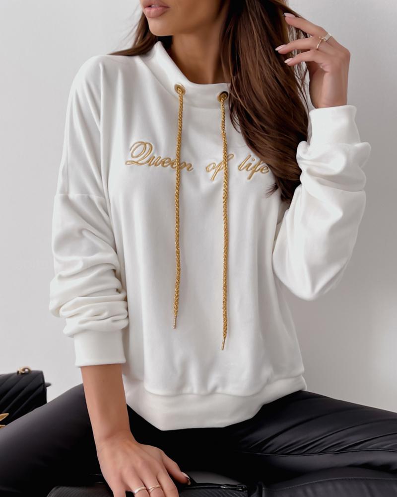 

Letter Embroidery Eyelet Hooded Sweatshirt, White