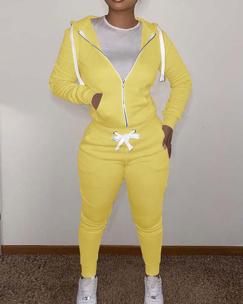 

Pocket Detail Zip Up Hooded Top & Drawstring Pants Set, Yellow