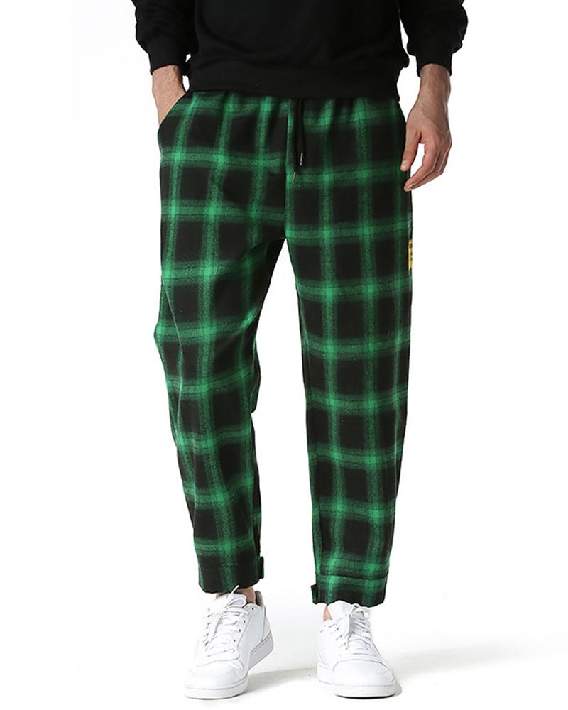 

Plaid Splicing Label Print Straight Pants, Green