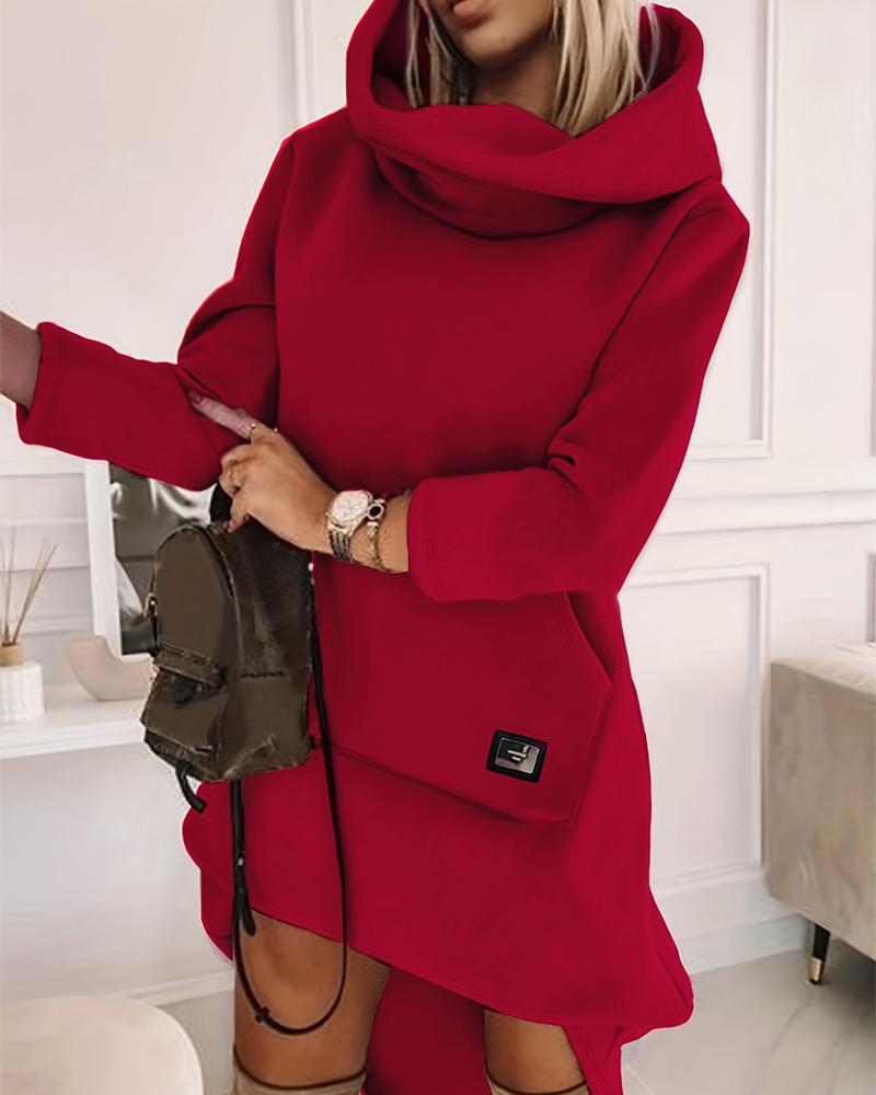 

High Neck Long Sleeve Sweatshirt Casual Dress, Red