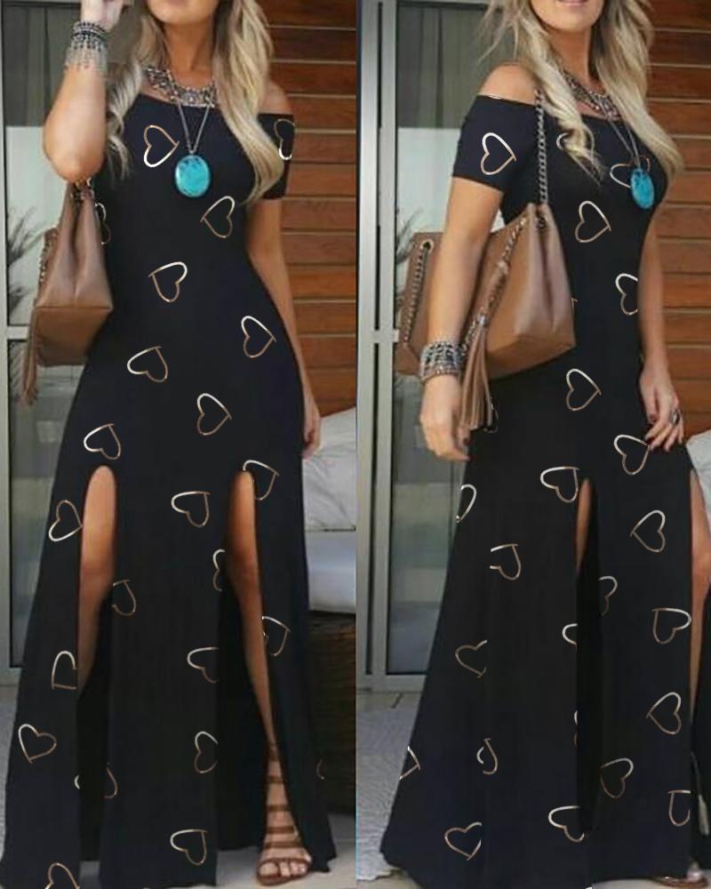 

Heart Print Off Shoulder Slit Thigh Maxi Dress, Black