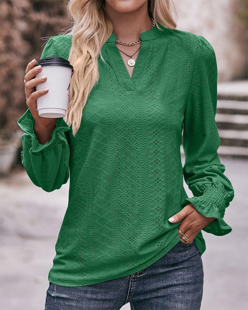 

Eyelet Embroidery Notch Neck Top, Green