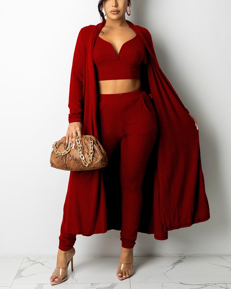 

Ribbed Notched Crop Tank Top & Pants With Longline Cardigan Set, Red