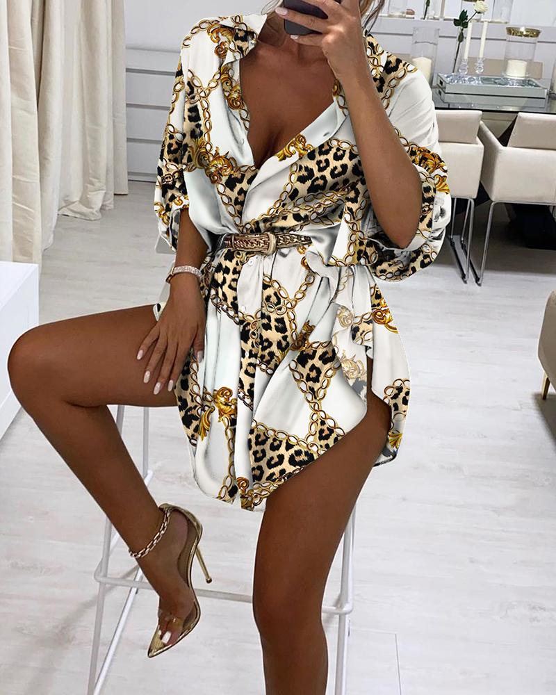 

Cheetah Chain Print Button Design Shirt Dress, White