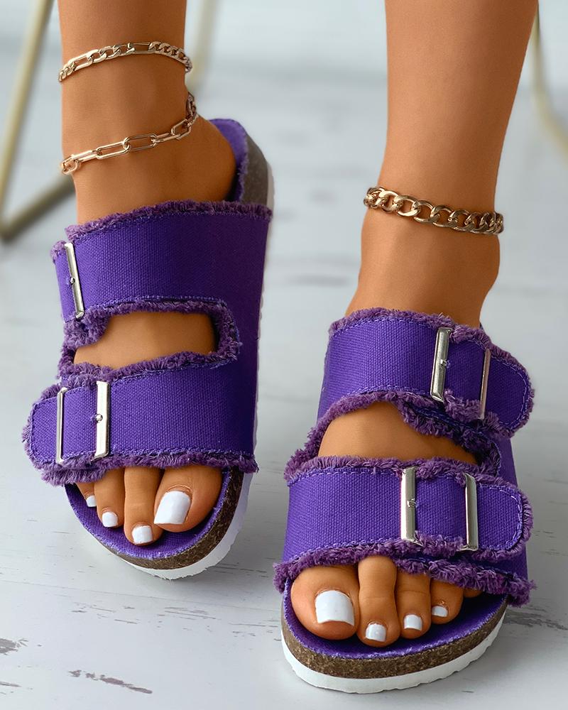 

Fringe Hem Buckled Open Toe Knit Slippers, Purple