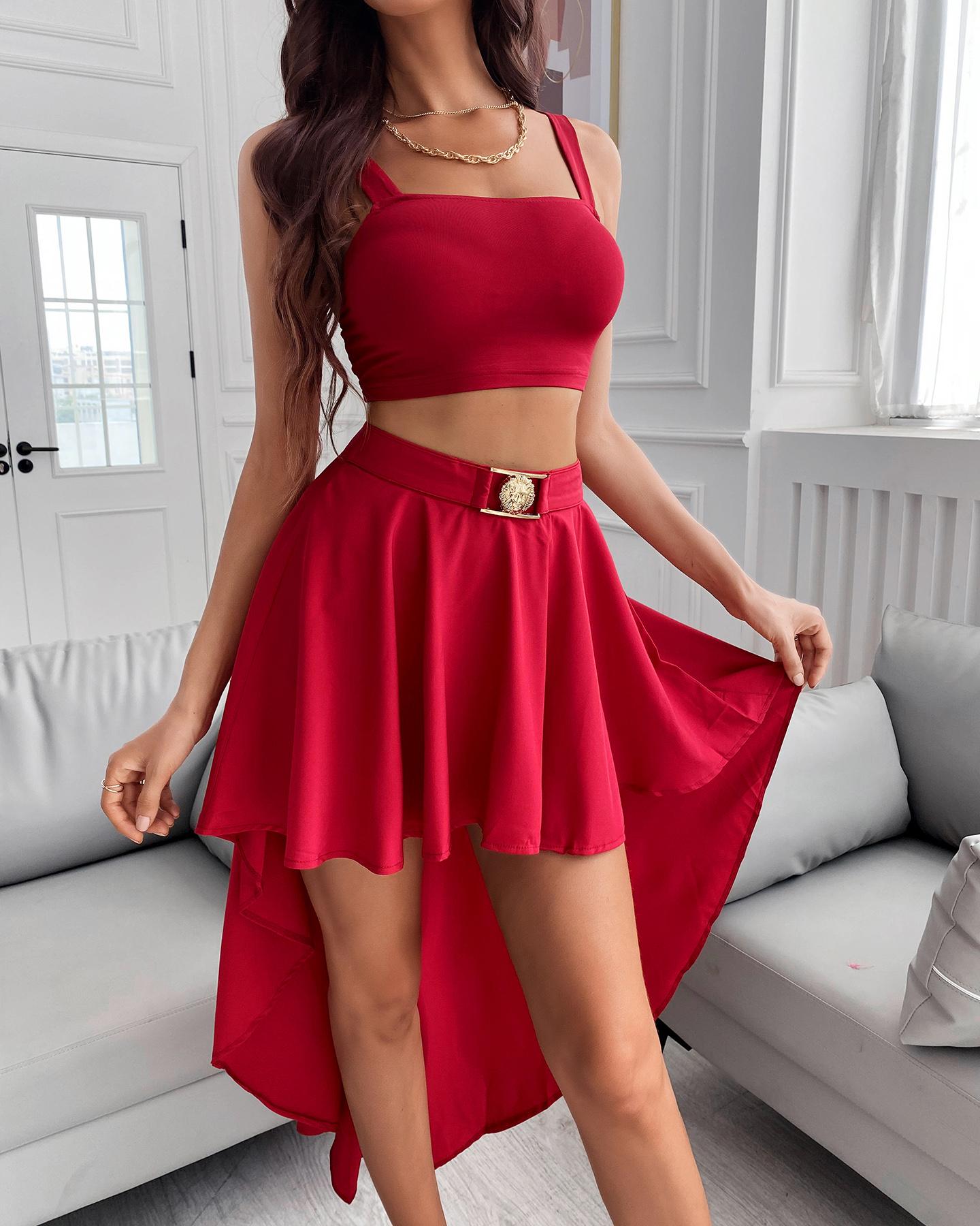 

Thick Strap Square Neck Top & Dip Hem Skirt Set, Red