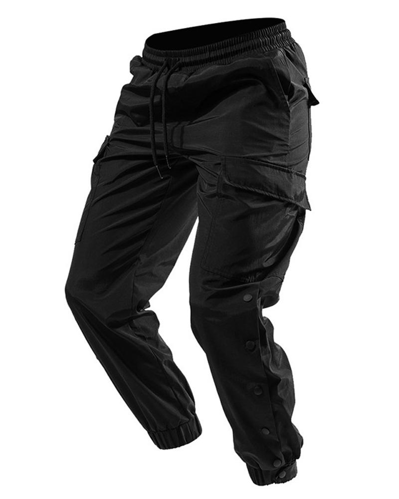 

Solid Pockets Loose Double Buckles Cargo Pants, Black