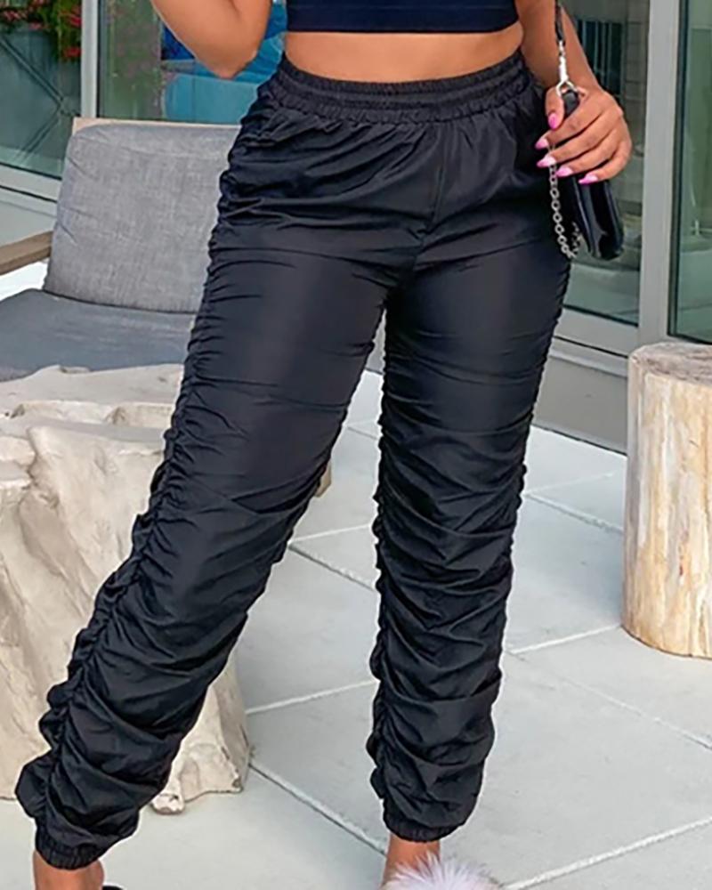 

Plain Ruched Skinny Cuffed Pants, Black
