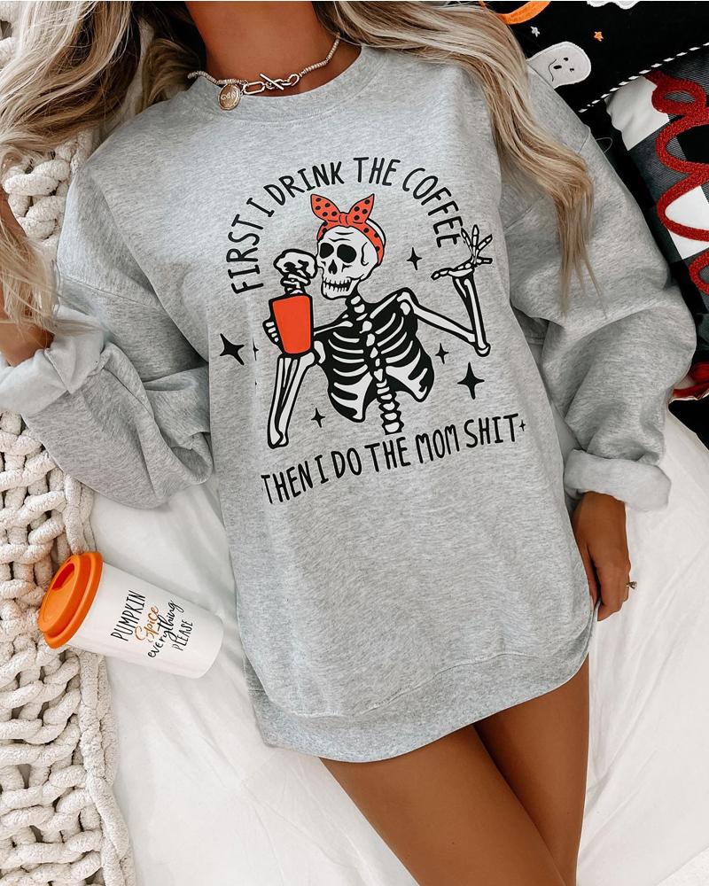 

Halloween Skeleton Print Long Sleeve Sweatshirt, Light gray