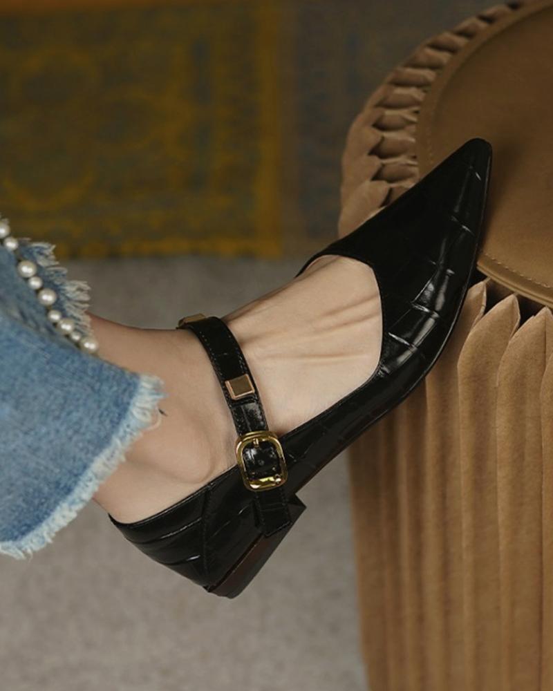 

Pointed Toe Buckle Croc Embossed Shoes, Black