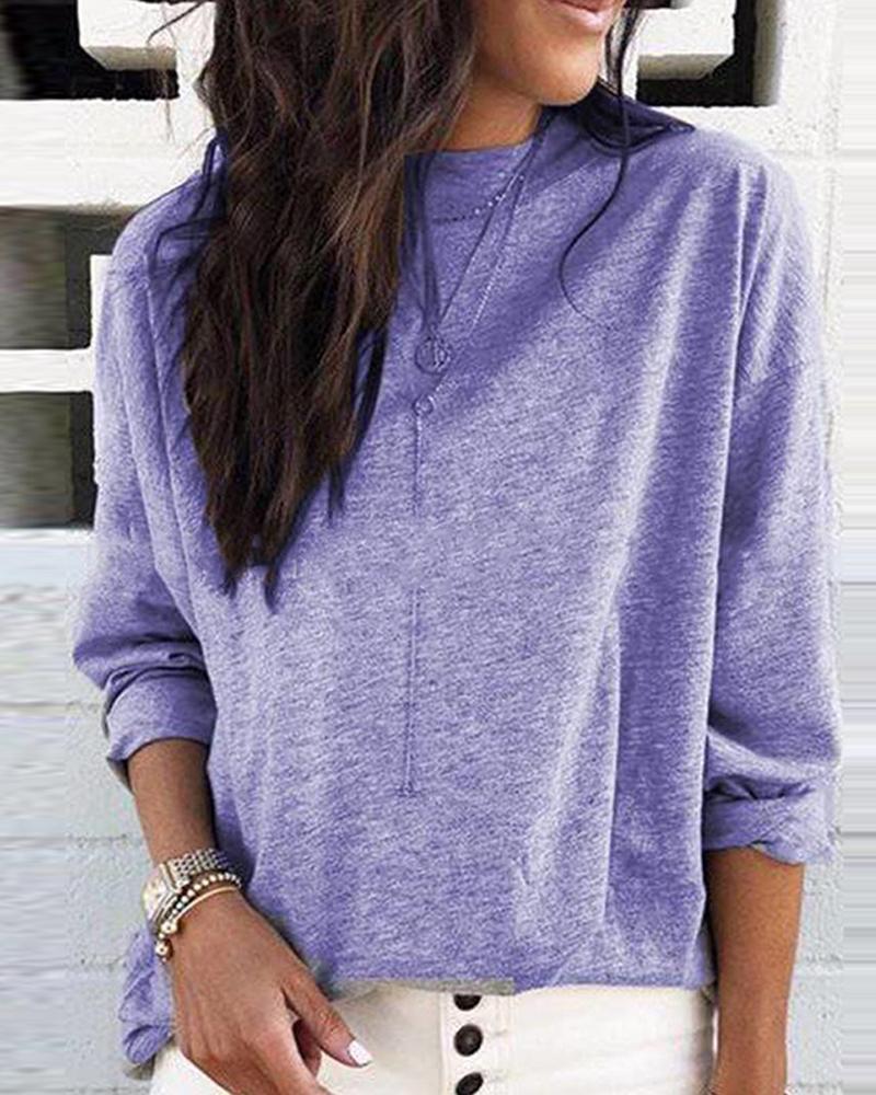 

Round Neck Long Sleeve Casual Top, Purple