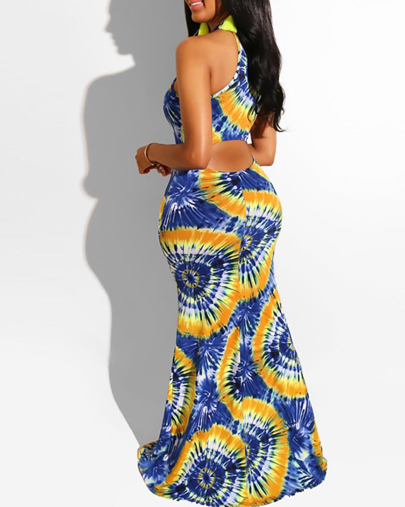

Tie Dye Print Cutout Waist Sleeveless Maxi Dress, Blue
