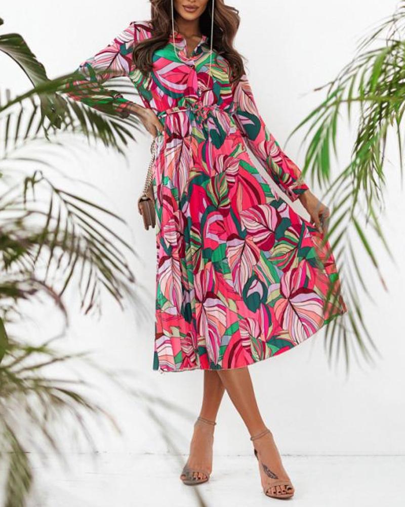 

Plants Print Button Front Pleated Shirt Dress, Hot pink
