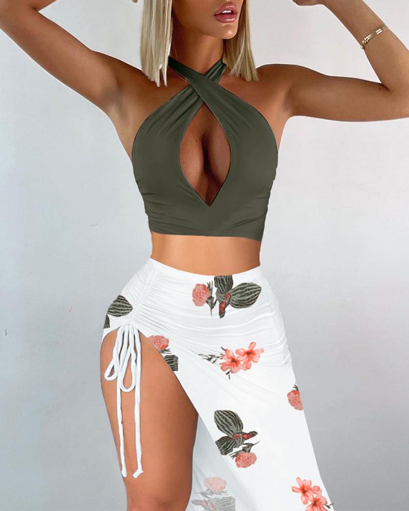 

Halter Cutout Crop Top & High Slit Tropical Print Skirt Set, Army green