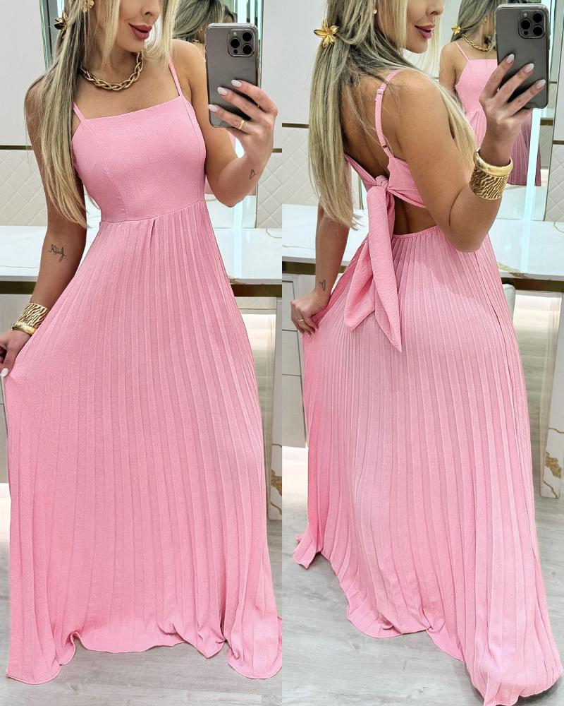 

Robe longue plissée à bretelles spaghetti et col carré avec détails noués au dos Robe longue fluide décontractée, Pink