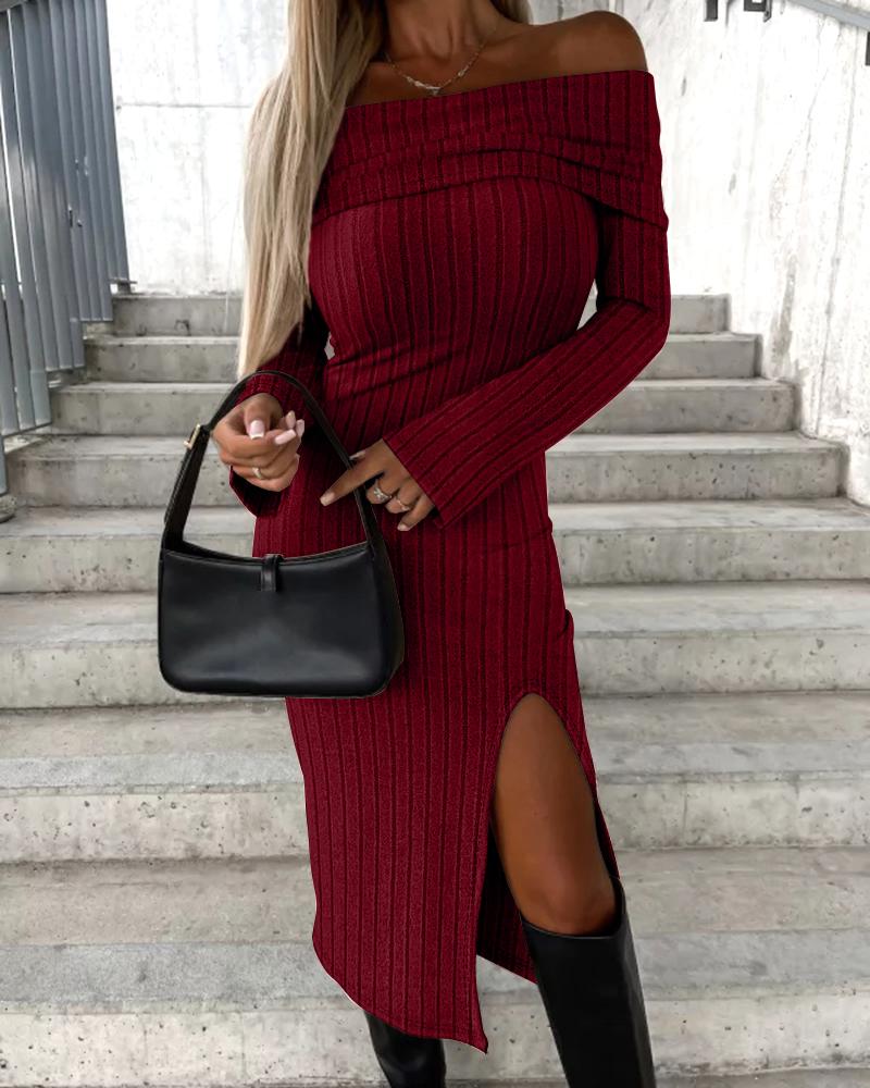 

Off Shoulder Ribbed Slit Midi Dress, Wine red