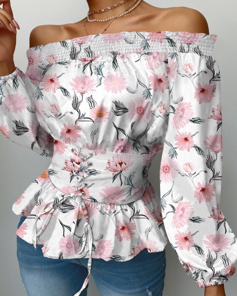 

Smocking Off Shoulder Floral Printed Blouse, White