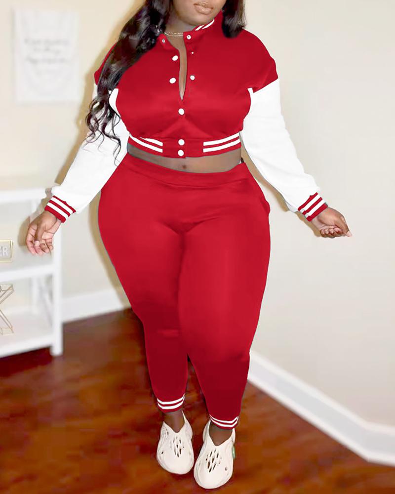 

Plus Size Striped Colorblock Baseball Jacket & Pants Set, Red