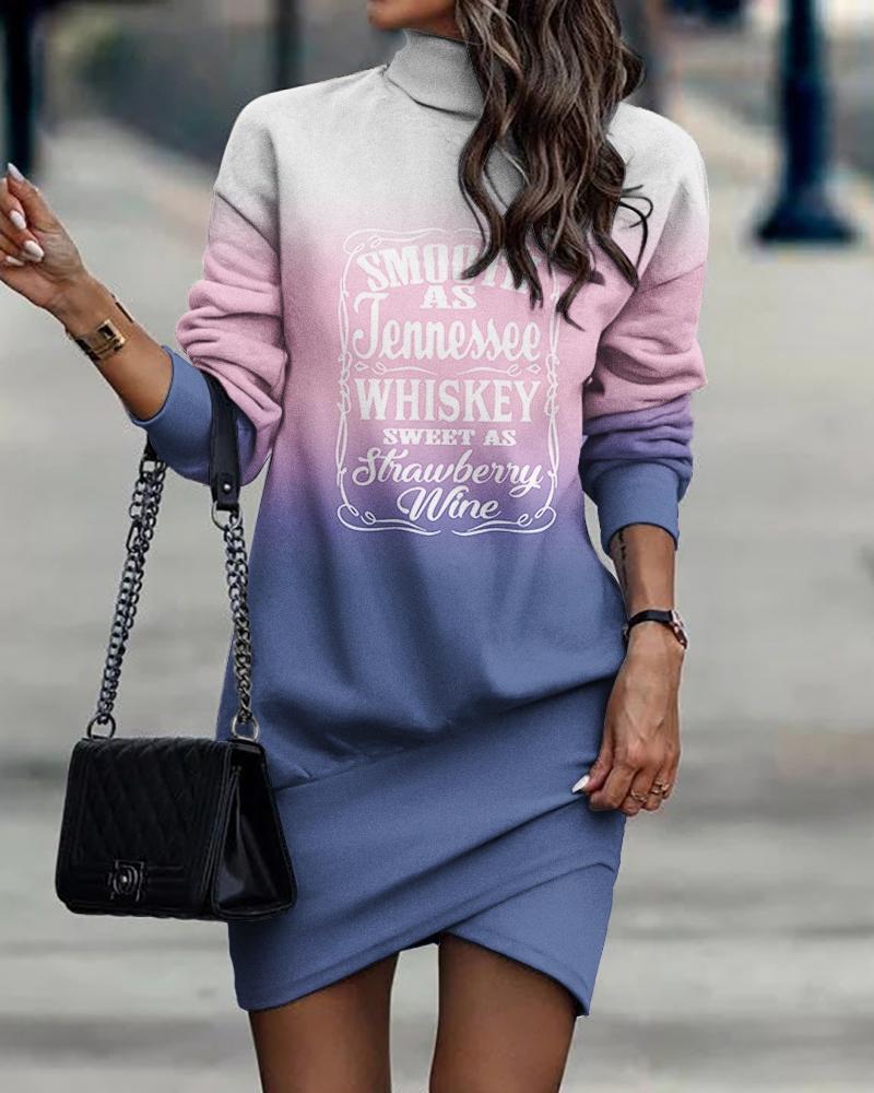 

Letter Print Ombre High Neck Long Sleeve Dress, Multicolor