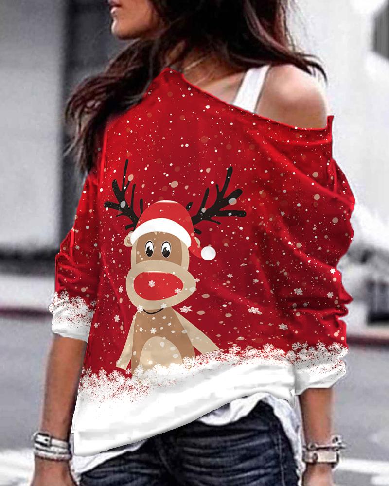 

Christmas Snowflake Elk Print Long Sleeve Sweatshirt, Red