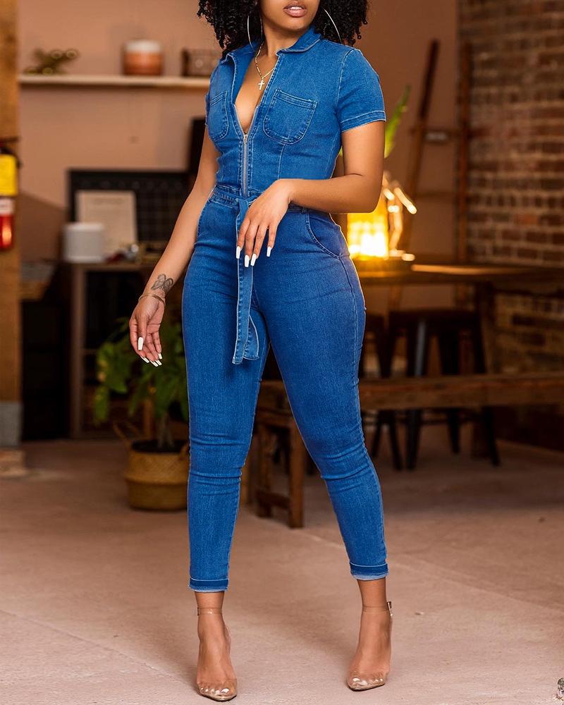 

Zipper Decor Belted Denim Jumpsuit, Blue