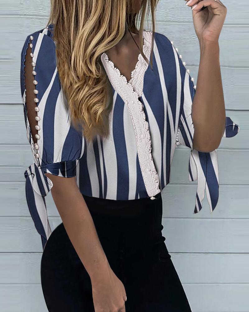 

Striped Print Lace Hem Cutout Lantern Sleeve Blouse, Blue