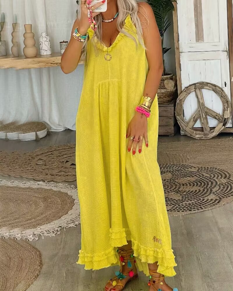 

Sleeveless Ruffle Hem Textured Casual Dress, Yellow
