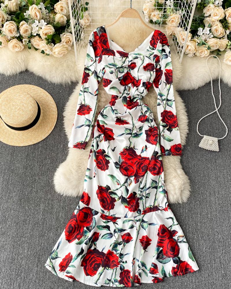 

Square Neck Floral Print Long Sleeve Mermaid Dress, Red